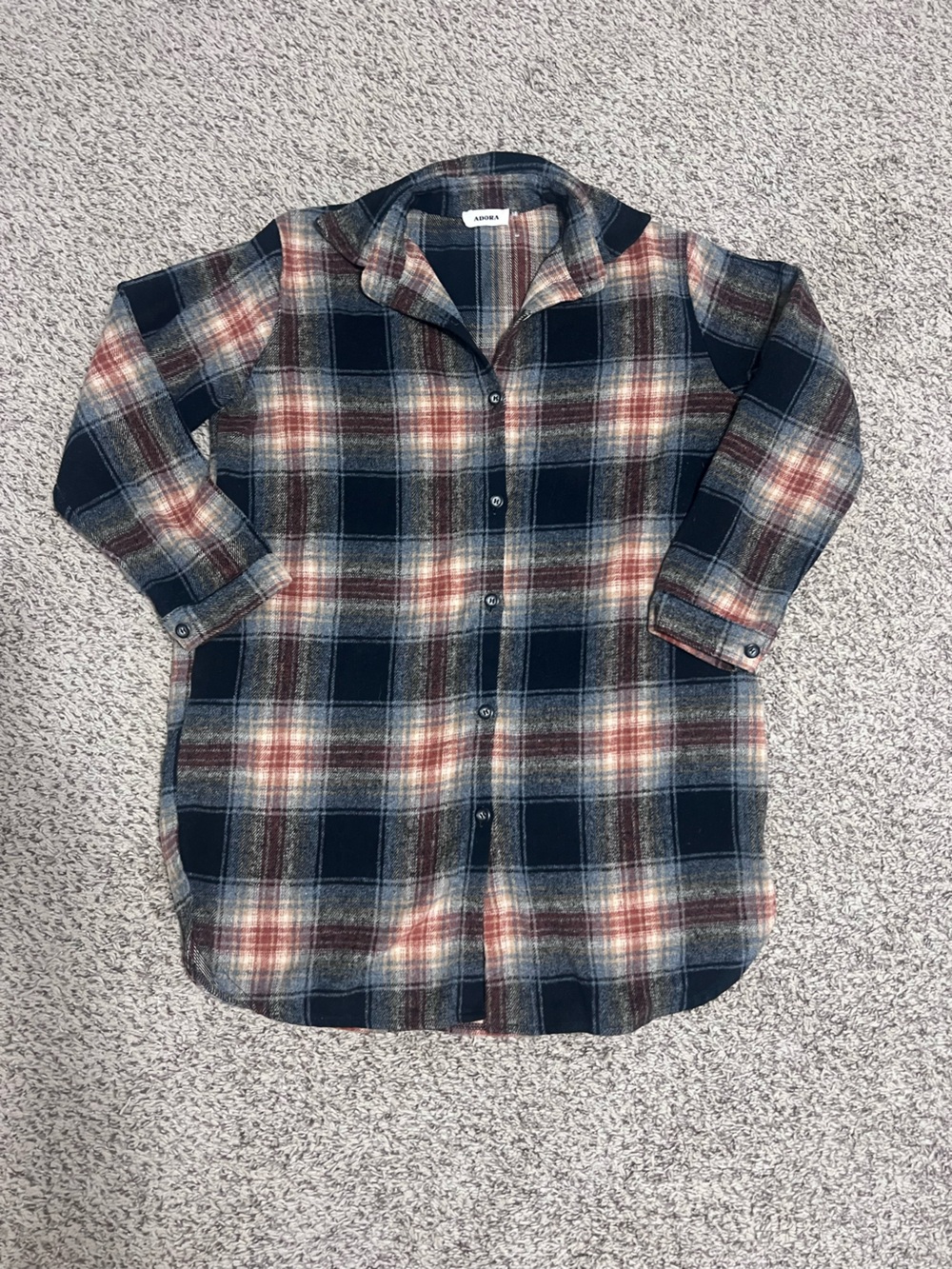 ADORA Navy Plaid Button-Down Tunic with Red and Cream Accents